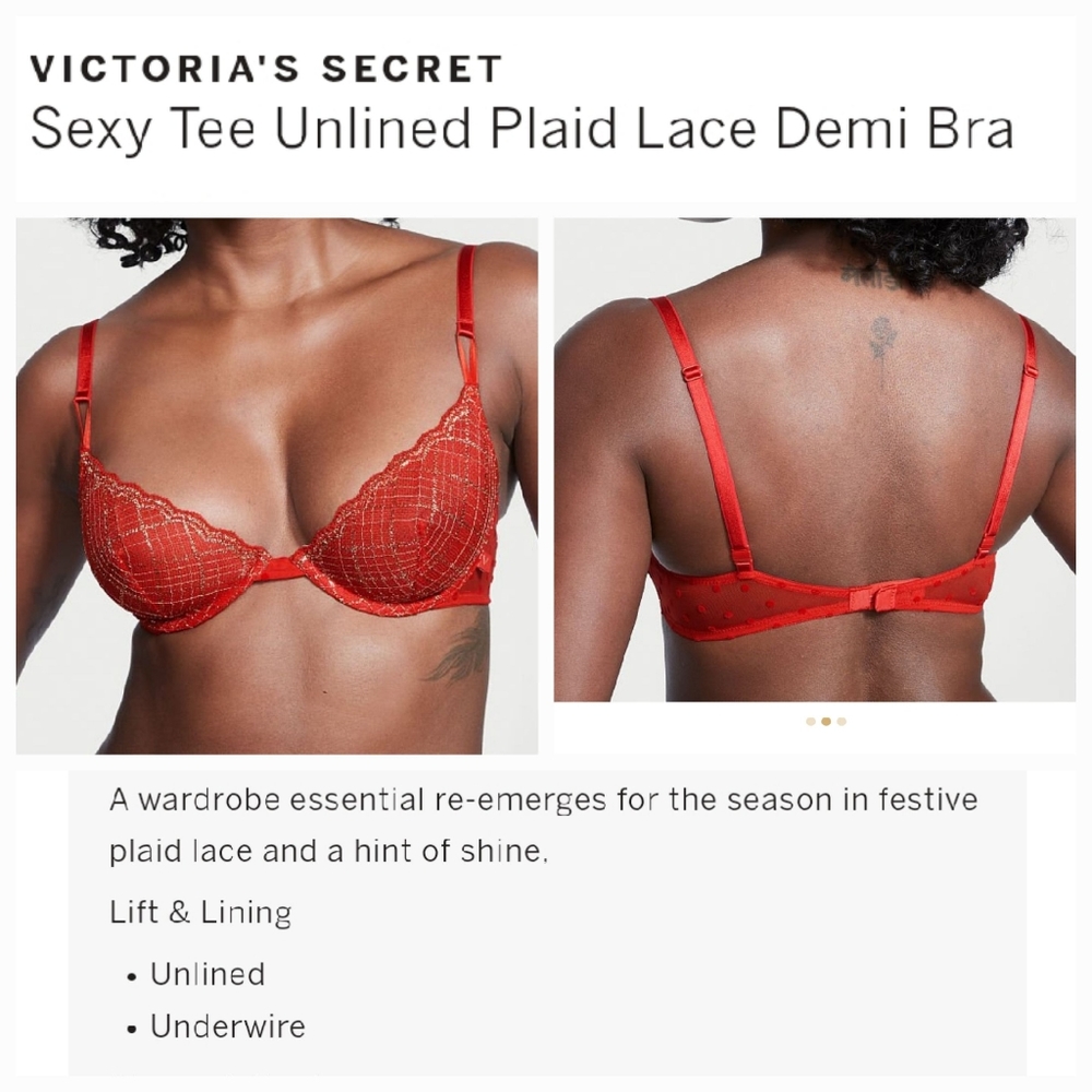 Victoria's secret sexy tee unlined plaid lace demi bra RED 36D